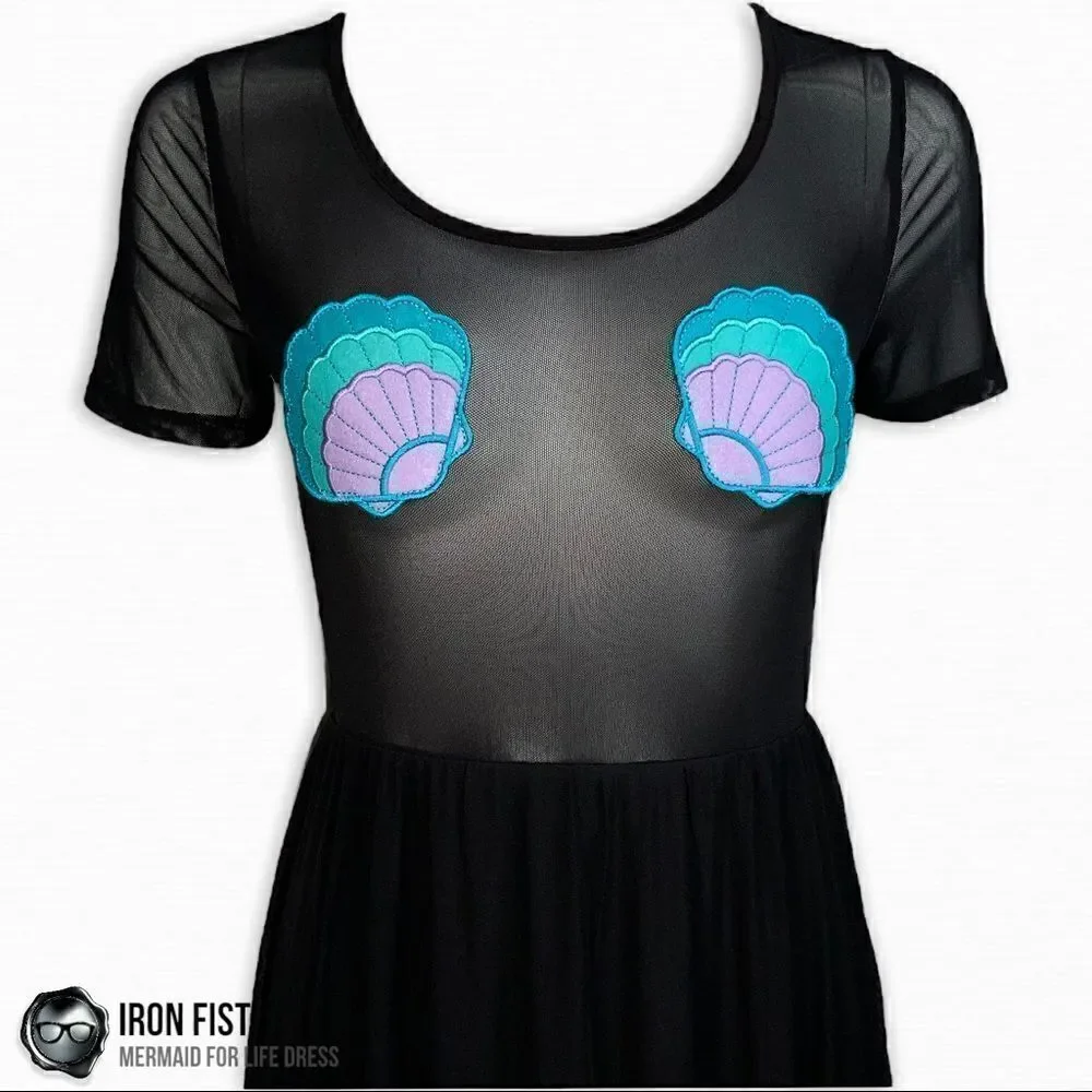 IRON FIST/DOLLS KILL MERMAID FOR LIFE LAYERED MESH DRESS IN BLACK HALLOWEEN MIDI